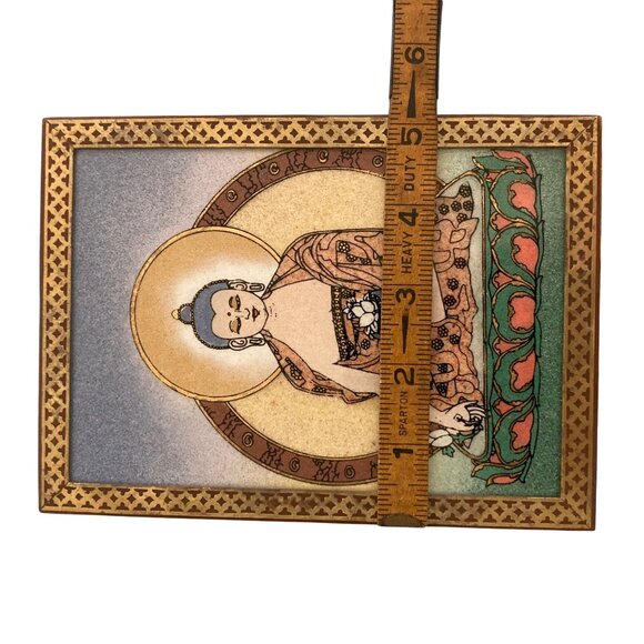 Buddha Wood Inlay Jewelry Trinket Stash Box Reverse Painted - Picture 7 of 8